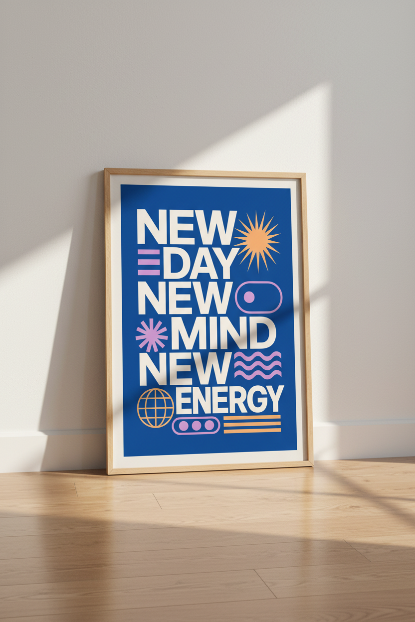 New Day New Energy Quote Print | Bold Blue Modern Typography Poster | Office Decor
