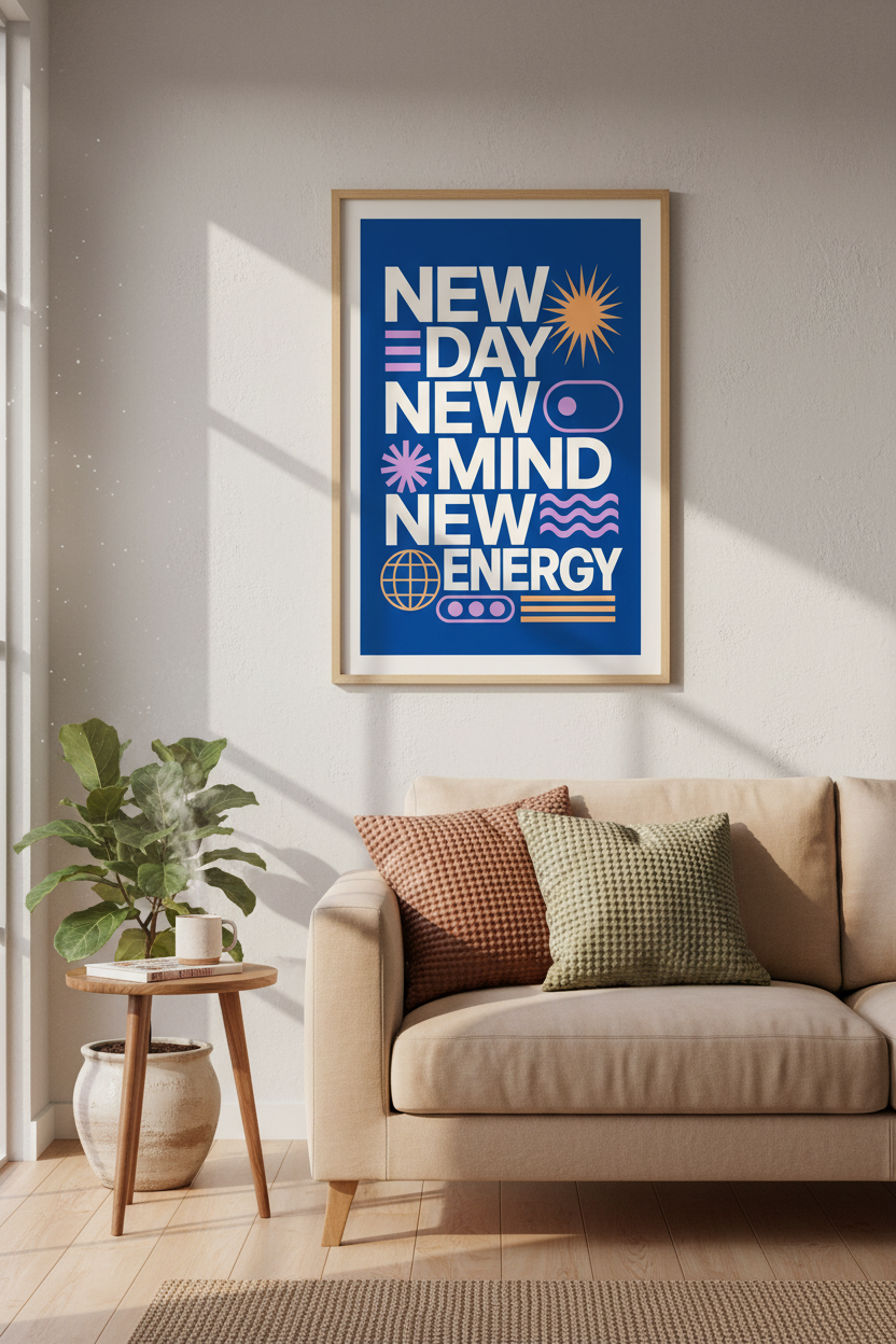 New Day New Energy Quote Print | Bold Blue Modern Typography Poster | Office Decor