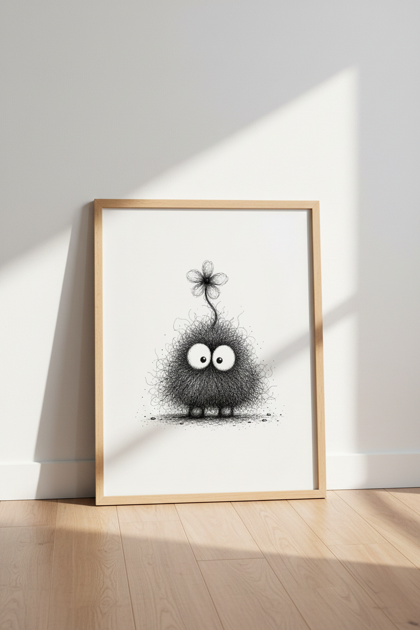 Cute Fuzzy Monster Wall Art Print | Nursery &amp; Kids Decor | Whimsical Ink Poster
