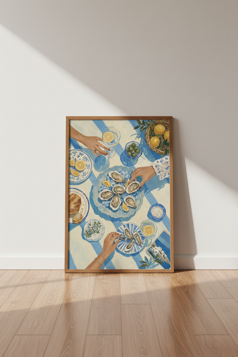 Mediterranean Oyster Picnic Wall Art | Blue Coastal Kitchen Decor | Foodie Still Life