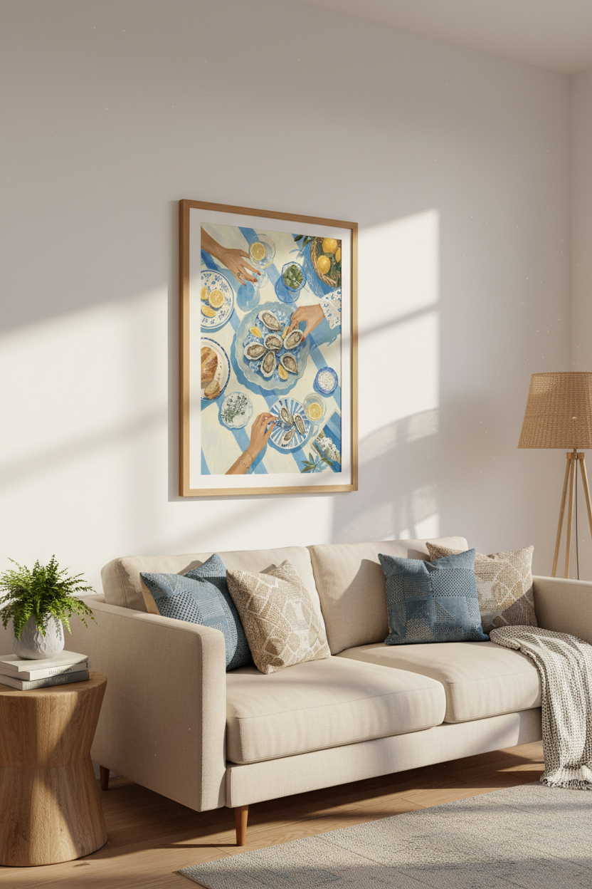 Mediterranean Oyster Picnic Wall Art | Blue Coastal Kitchen Decor | Foodie Still Life