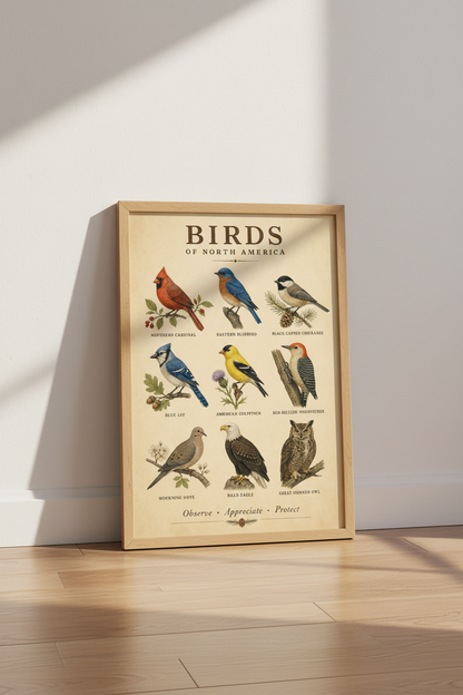 Birds of North America Poster | Vintage Scientific Illustration | Nature Lover Wall Art