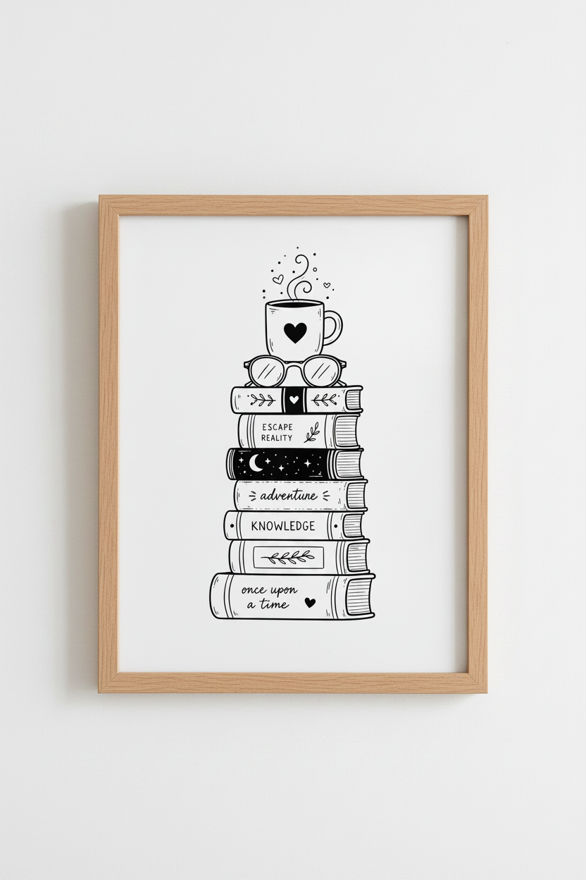 Book Stack Wall Art Print | Reading Nook Decor | Minimalist Black &amp; White Poster