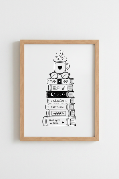Book Stack Wall Art Print | Reading Nook Decor | Minimalist Black &amp; White Poster