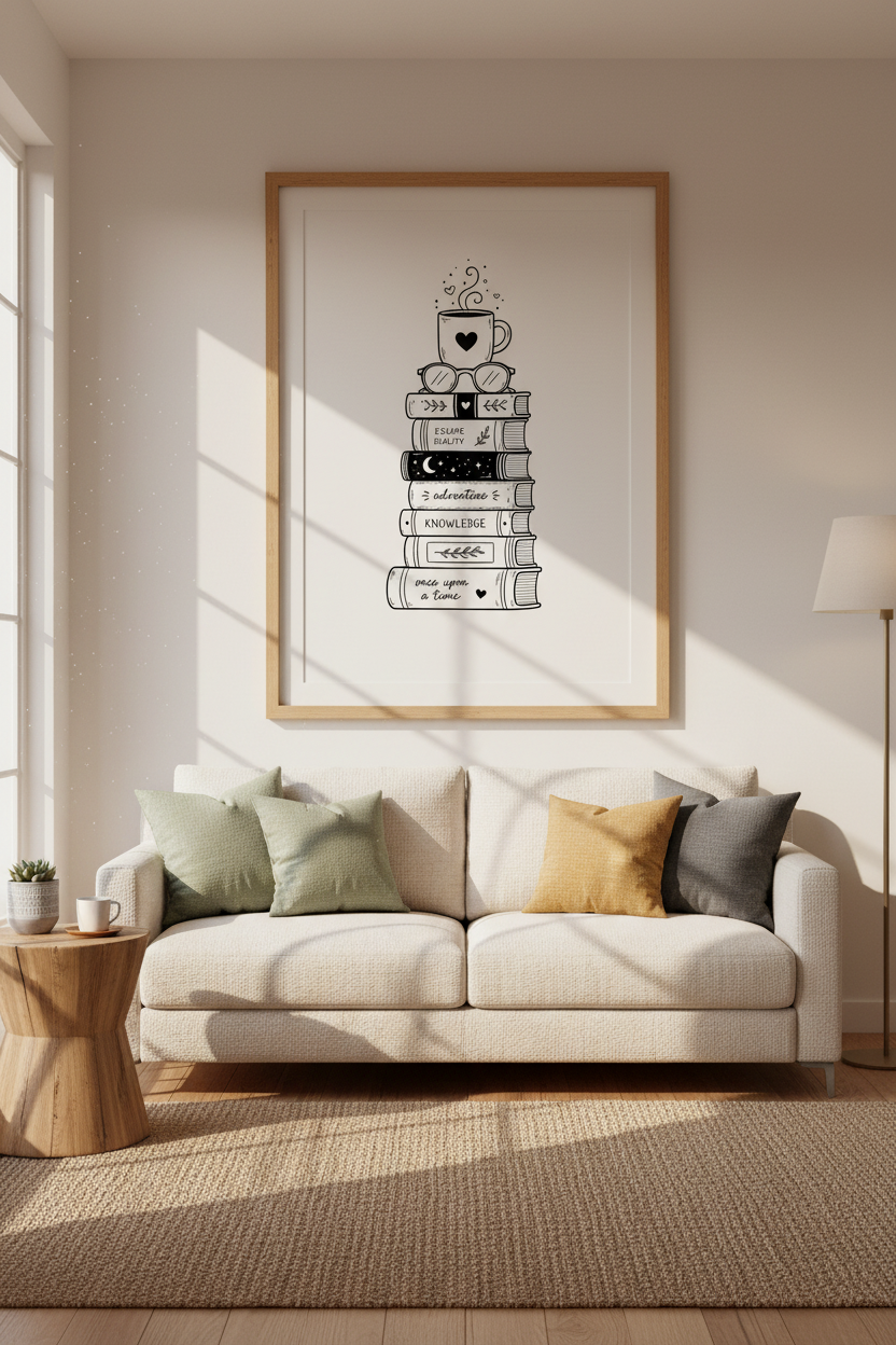 Book Stack Wall Art Print | Reading Nook Decor | Minimalist Black &amp; White Poster