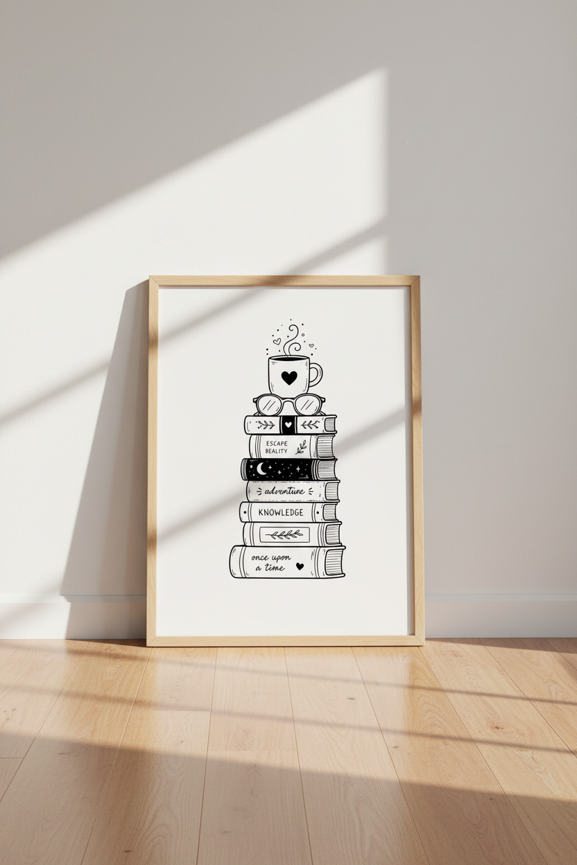 Book Stack Wall Art Print | Reading Nook Decor | Minimalist Black &amp; White Poster