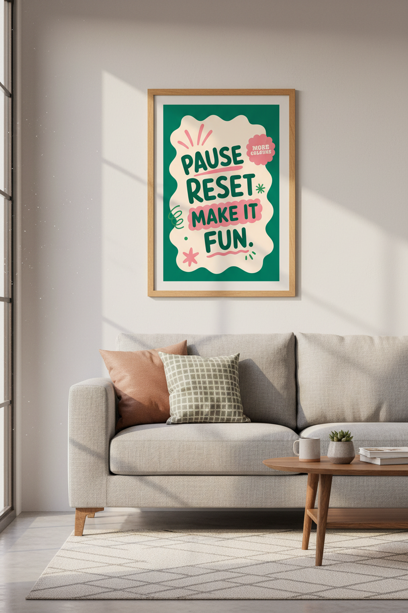 Pause Reset Make It Fun Typography Print | Green and Pink Retro Decor | Aesthetic Poster