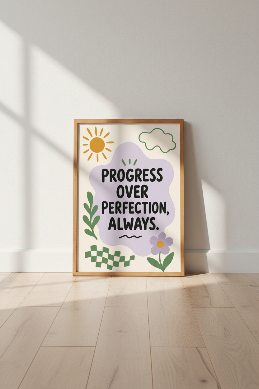 Progress Over Perfection Wall Art | Pastel Mental Health Decor | Boho Office Poster