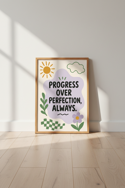 Progress Over Perfection Wall Art | Pastel Mental Health Decor | Boho Office Poster