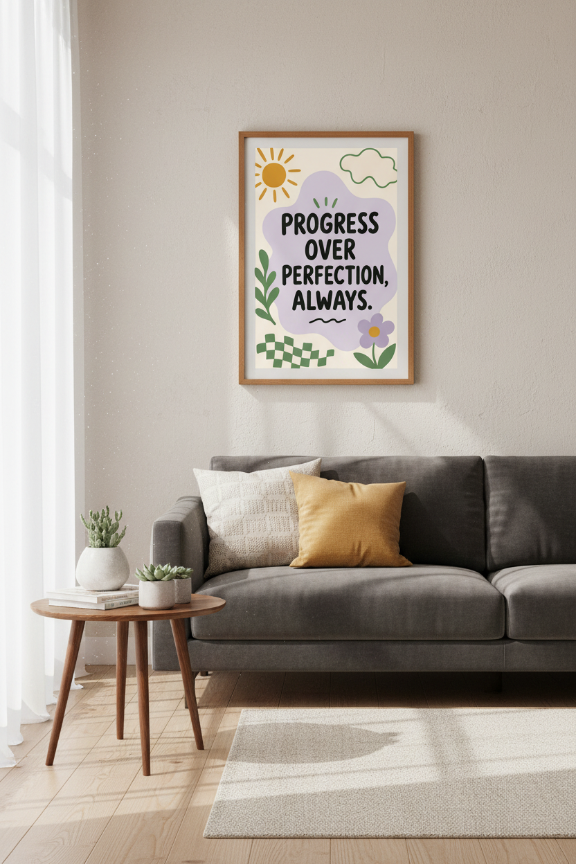 Progress Over Perfection Wall Art | Pastel Mental Health Decor | Boho Office Poster