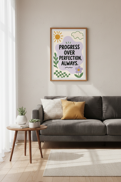 Progress Over Perfection Wall Art | Pastel Mental Health Decor | Boho Office Poster