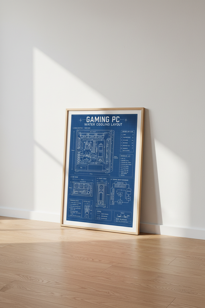 PC Water Cooling Blueprint Art | Gaming Room Decor | Technical Schematic Poster