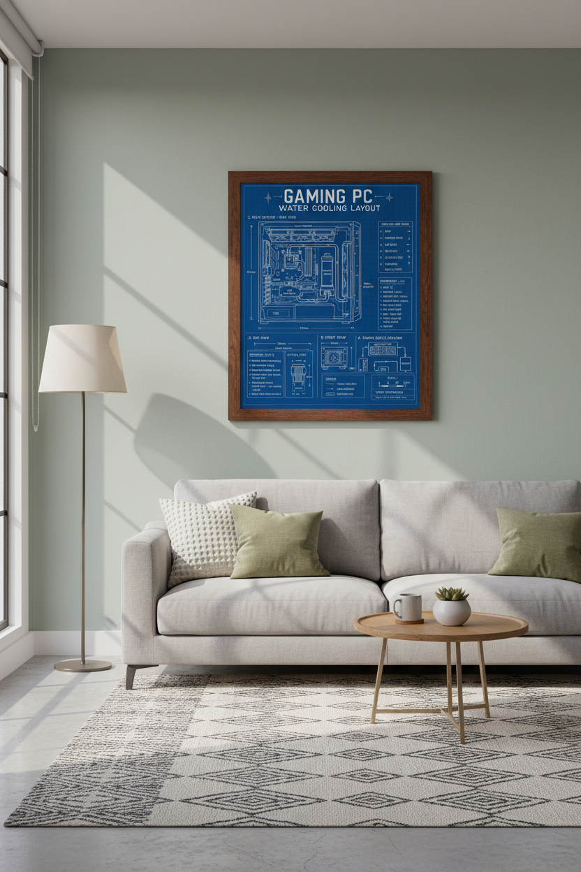 PC Water Cooling Blueprint Art | Gaming Room Decor | Technical Schematic Poster