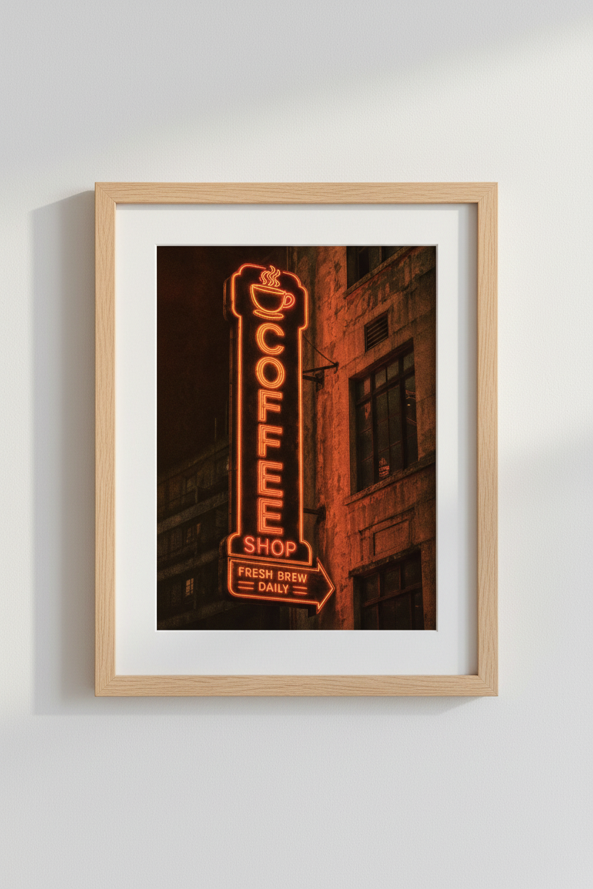 neon coffee wall art | Moody glow decor, living room | urban night print