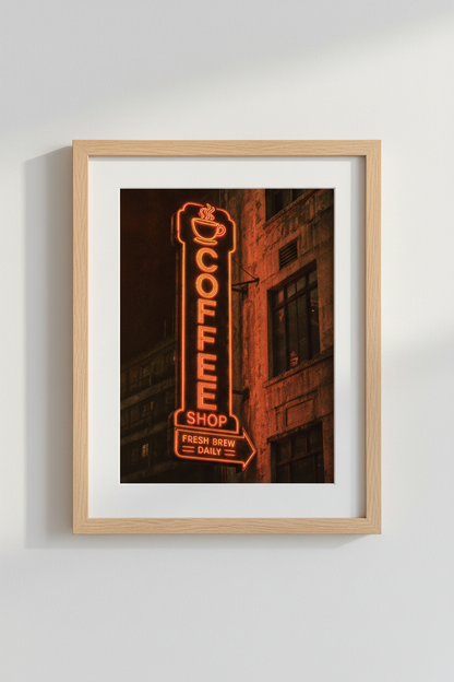 neon coffee wall art | Moody glow decor, living room | urban night print