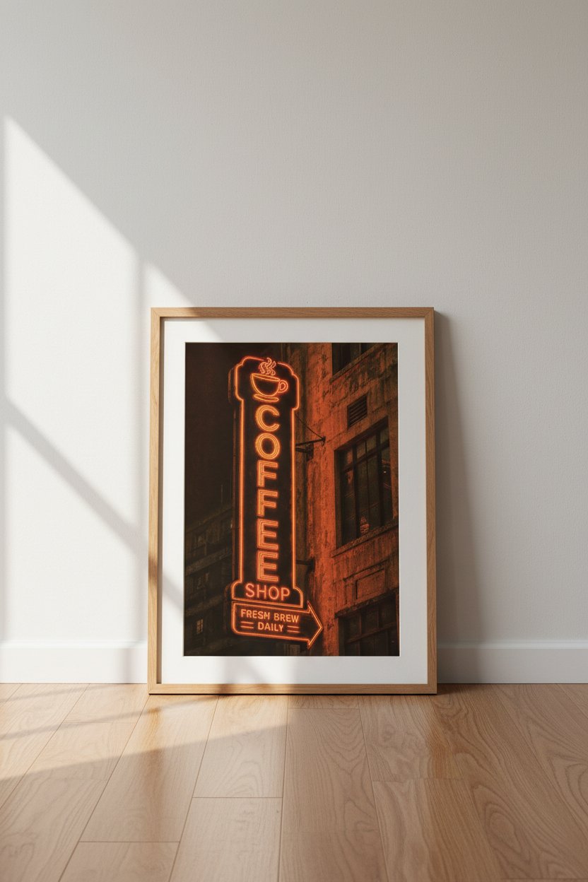 neon coffee wall art | Moody glow decor, living room | urban night print