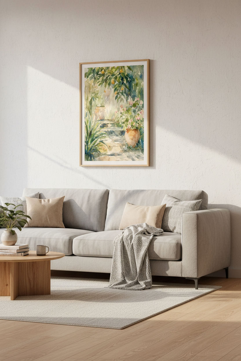Watercolor garden | Soft greens, terracotta tones, living room decor