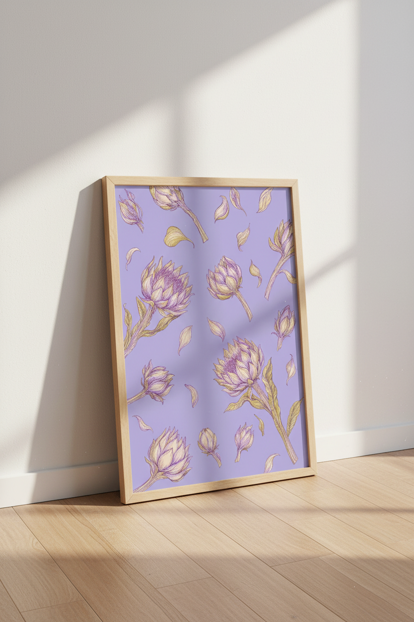 Vintage Artichoke Botanical Wall Art | Lavender &amp; Gold Floral Poster, Bedroom Decor