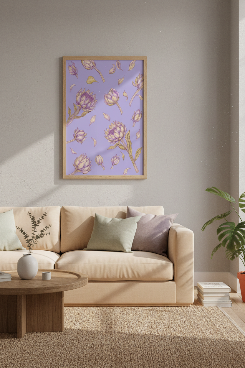 Vintage Artichoke Botanical Wall Art | Lavender &amp; Gold Floral Poster, Bedroom Decor