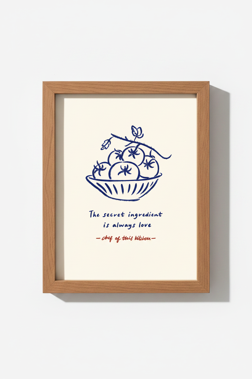 kitchen wall art | Blue tomato bowl sketch on cream | Cozy home decor