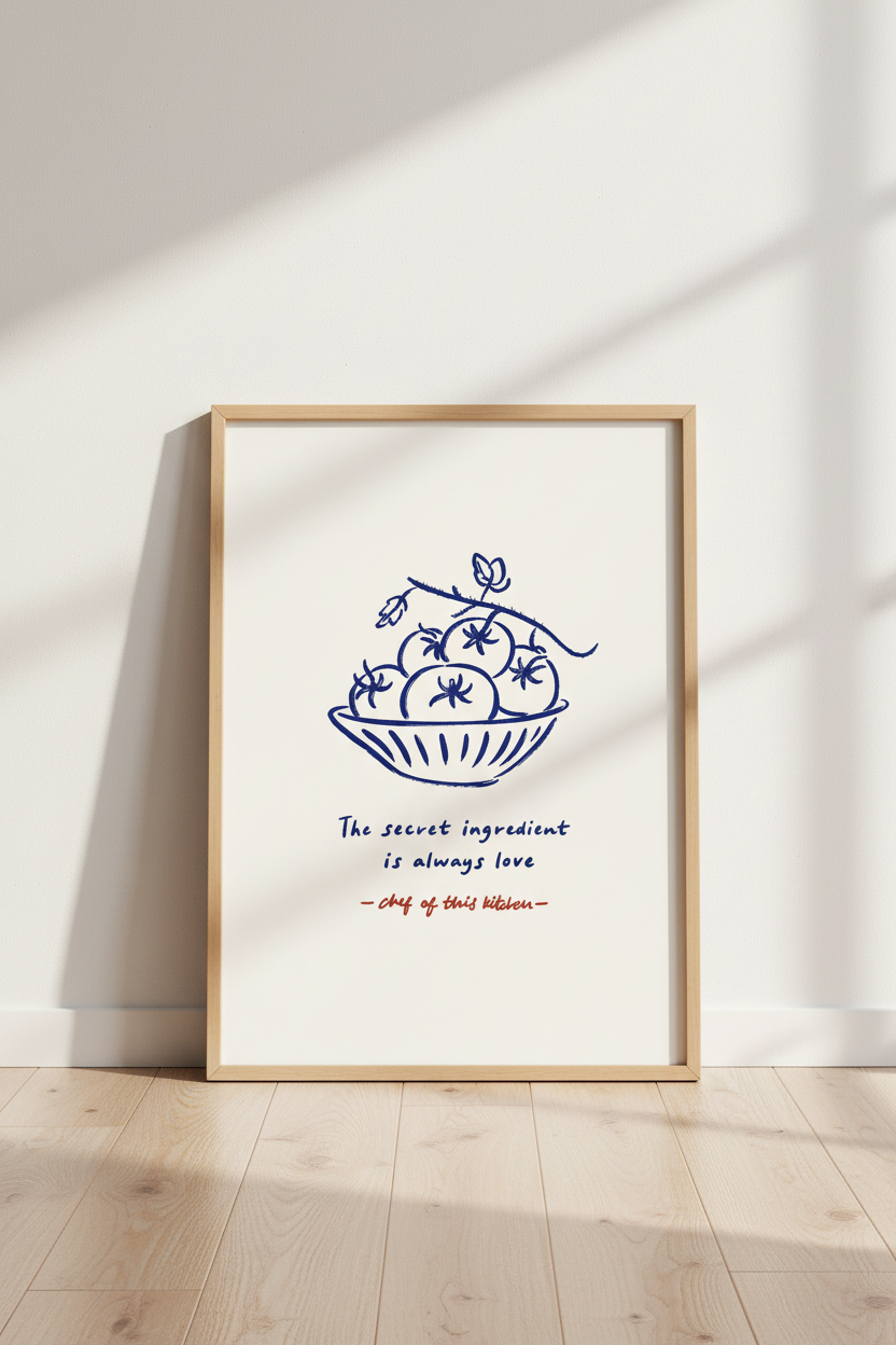 kitchen wall art | Blue tomato bowl sketch on cream | Cozy home decor