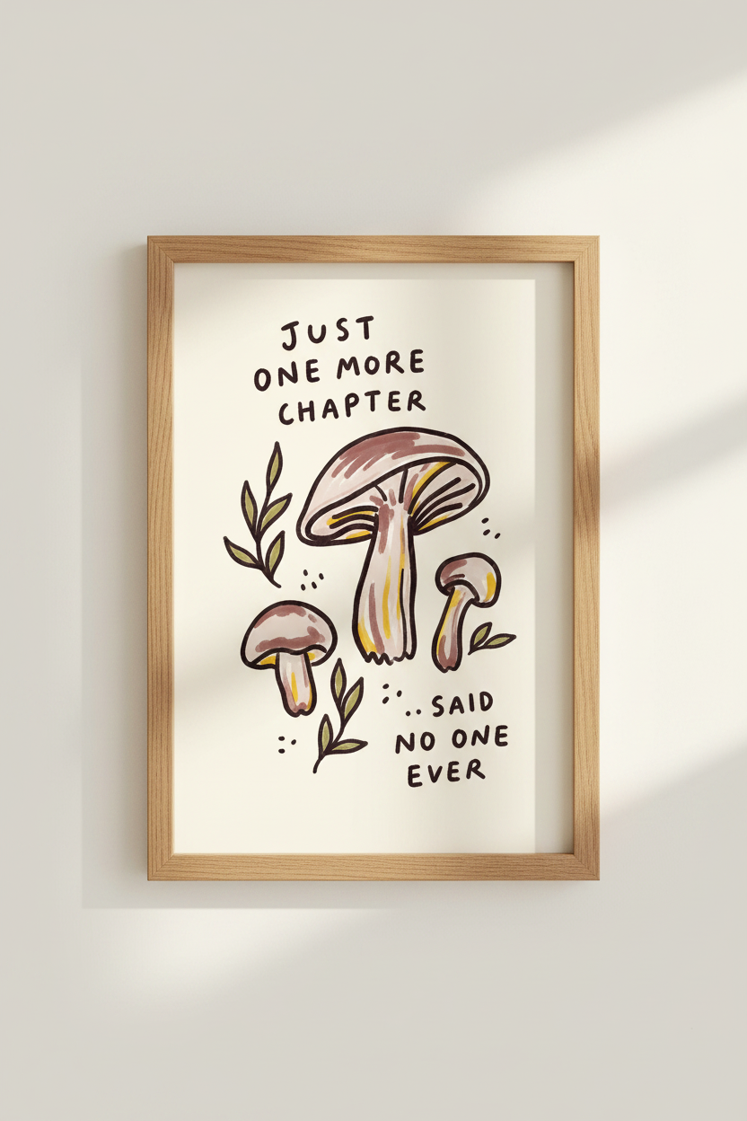 Mushroom Wall Art Print | Book Lover Gift, Cottagecore Reading Nook Decor