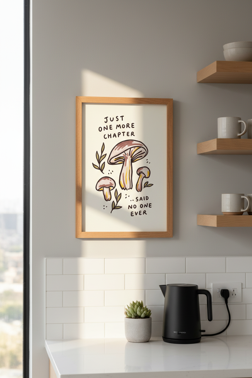 Mushroom Wall Art Print | Book Lover Gift, Cottagecore Reading Nook Decor