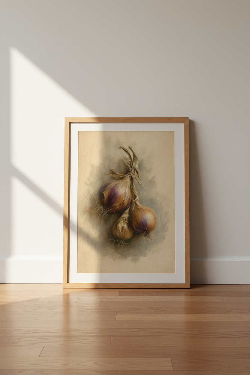 Vintage Onion Still Life Print | Rustic Kitchen Wall Art | Farmhouse Moody Poster