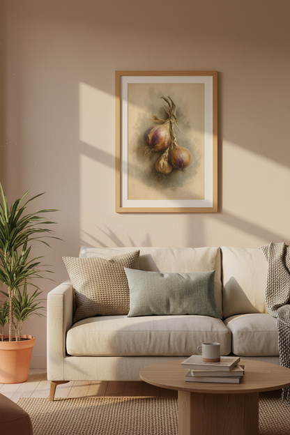 Vintage Onion Still Life Print | Rustic Kitchen Wall Art | Farmhouse Moody Poster