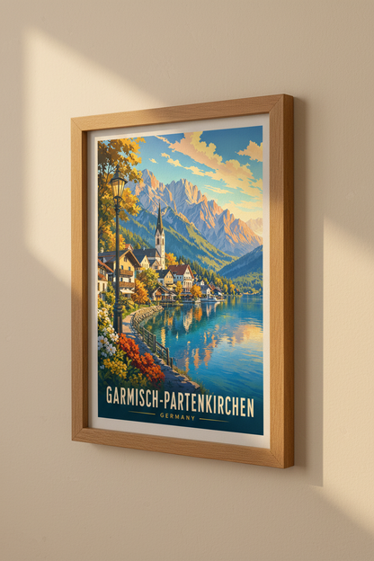Garmisch-Partenkirchen Germany Travel Poster | Alpine Lake Wall Art | Retro Mountain Print