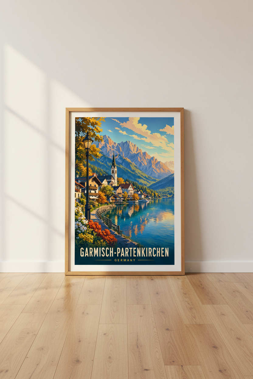 Garmisch-Partenkirchen Germany Travel Poster | Alpine Lake Wall Art | Retro Mountain Print
