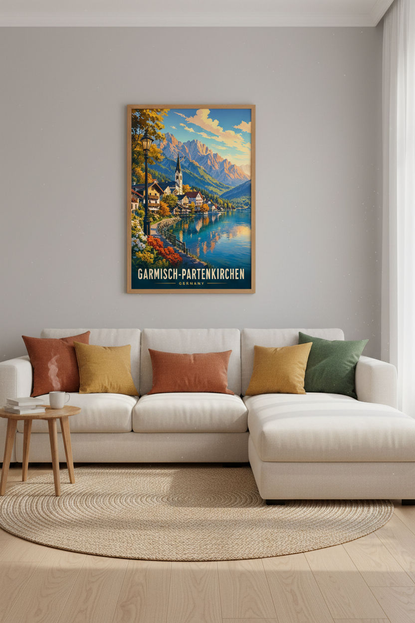 Garmisch-Partenkirchen Germany Travel Poster | Alpine Lake Wall Art | Retro Mountain Print