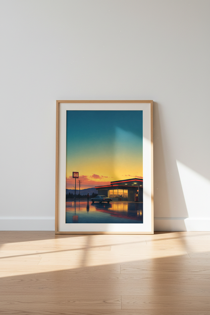 Retro Gas Station Sunset Wall Art | Cinematic Americana, Living Room Decor