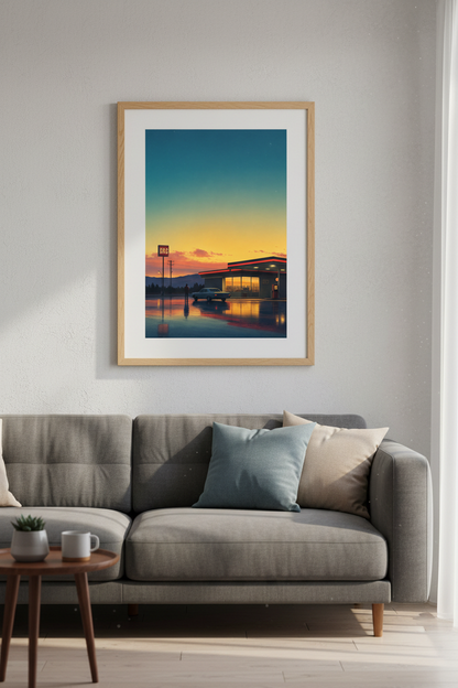 Retro Gas Station Sunset Wall Art | Cinematic Americana, Living Room Decor