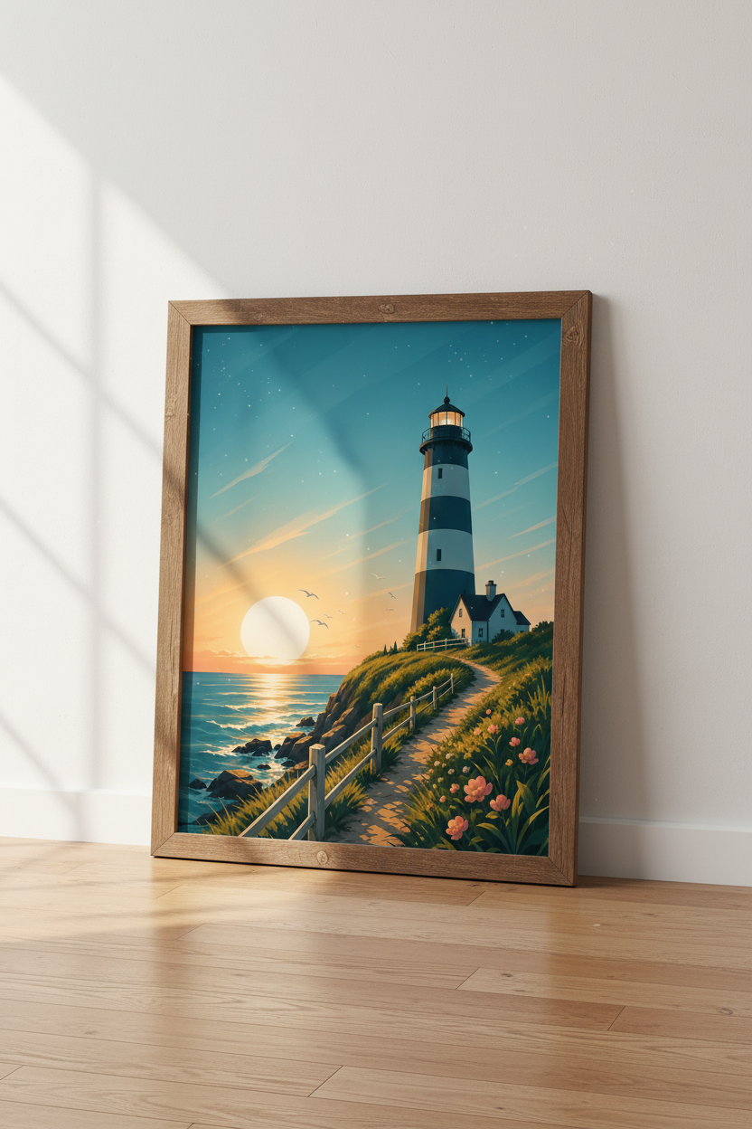 Lighthouse Sunset Wall Art | Coastal Nautical Decor | Minimalist Seascape Poster