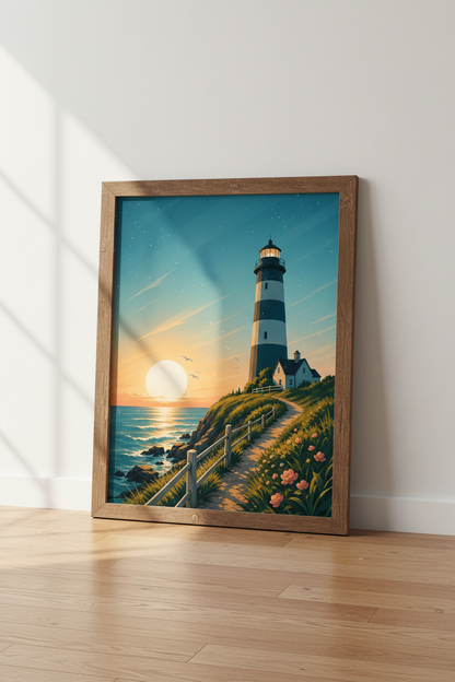 Lighthouse Sunset Wall Art | Coastal Nautical Decor | Minimalist Seascape Poster