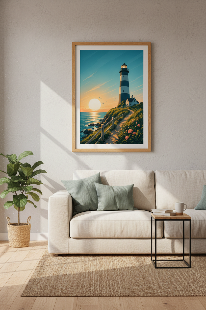 Lighthouse Sunset Wall Art | Coastal Nautical Decor | Minimalist Seascape Poster