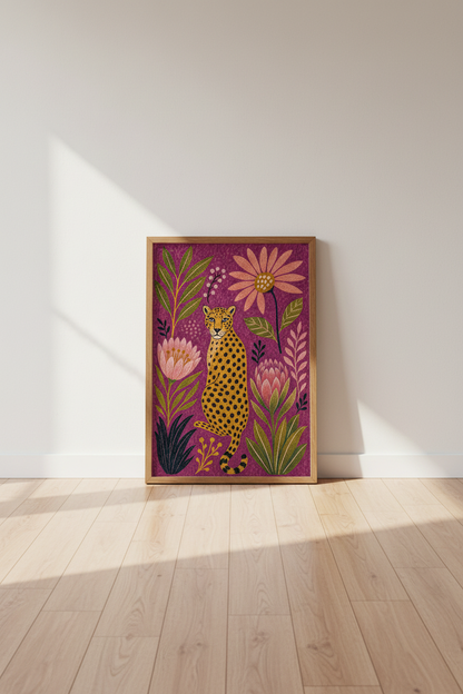 Leopard Floral Wall Art | Purple Botanical Animal Print, Maximalist Living Room Decor