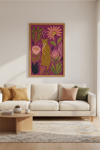 Leopard Floral Wall Art | Purple Botanical Animal Print, Maximalist Living Room Decor