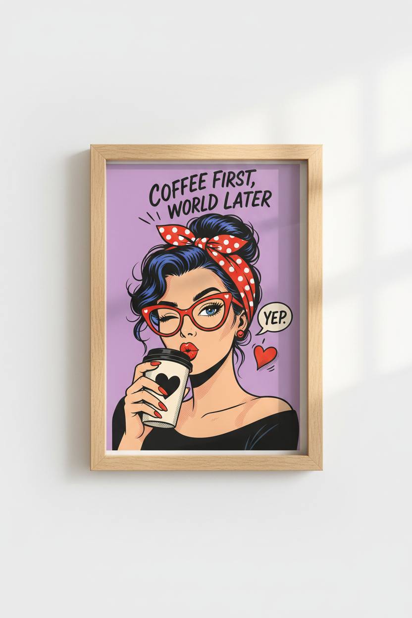 Pop Art Coffee Print | Bold Purple, Retro Living Room Decor | Groovy Poster