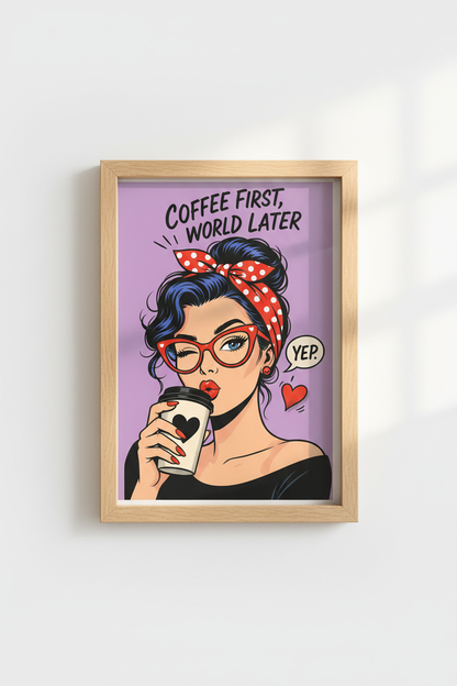 Pop Art Coffee Print | Bold Purple, Retro Living Room Decor | Groovy Poster