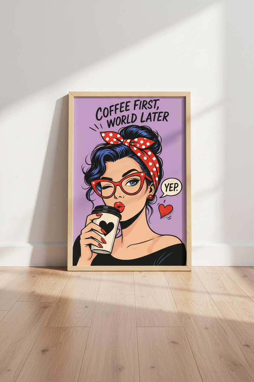 Pop Art Coffee Print | Bold Purple, Retro Living Room Decor | Groovy Poster