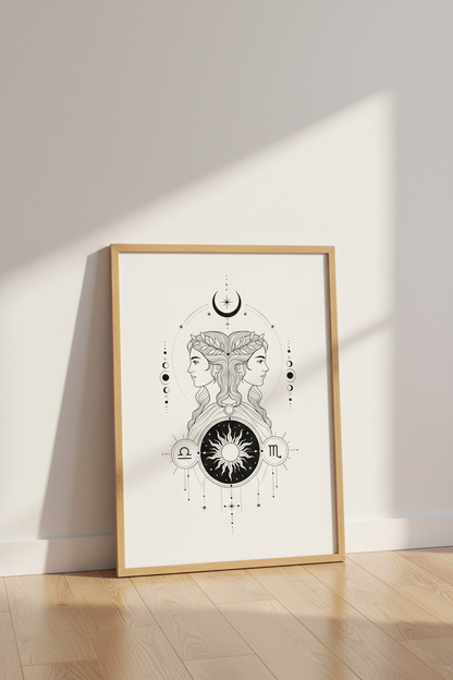 Gemini Zodiac Wall Art | Celestial Moon Line Art Print, Aesthetic Bedroom Decor