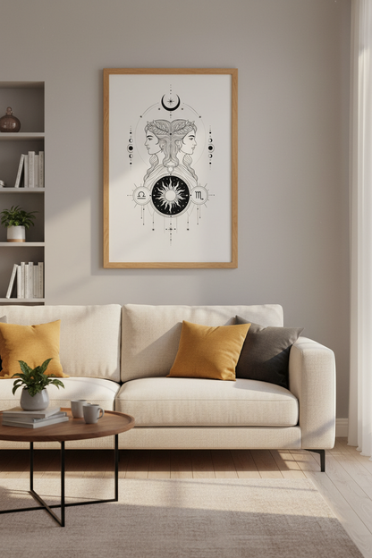 Gemini Zodiac Wall Art | Celestial Moon Line Art Print, Aesthetic Bedroom Decor