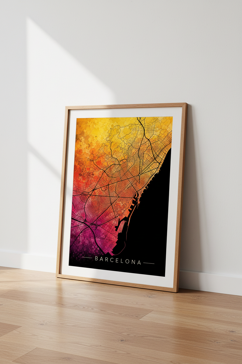 Barcelona Map Art | Pink Gold Watercolor City Map, Modern Travel Decor Poster