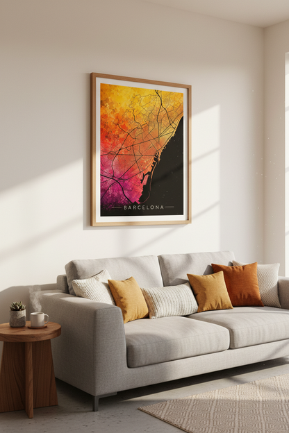 Barcelona Map Art | Pink Gold Watercolor City Map, Modern Travel Decor Poster