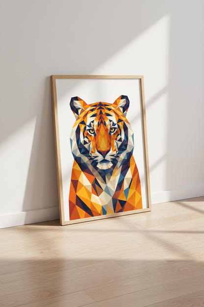 Geometric Tiger Wall Art Print | Oranges &amp; Blue Modern Decor | Low Poly Poster
