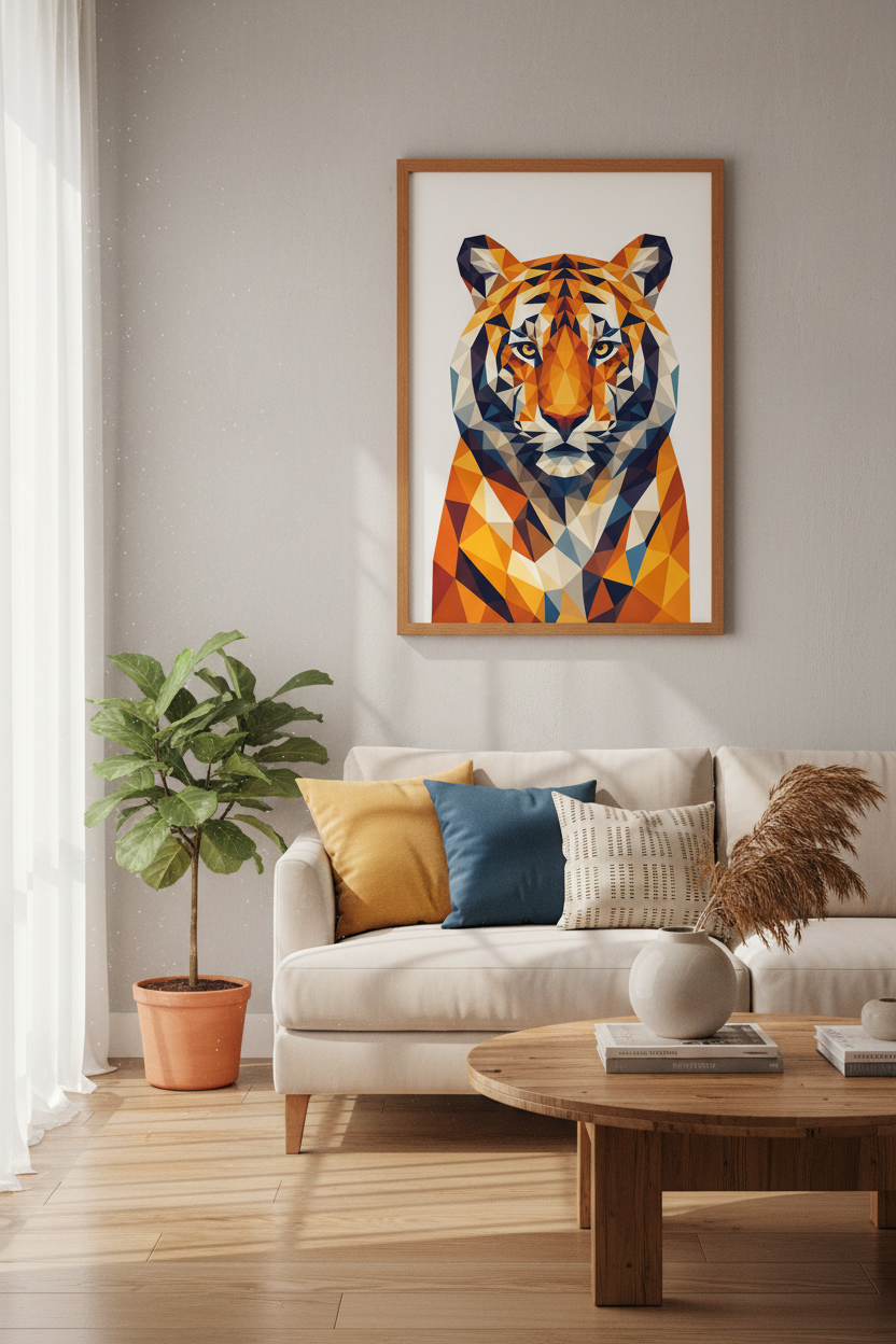 Geometric Tiger Wall Art Print | Oranges &amp; Blue Modern Decor | Low Poly Poster
