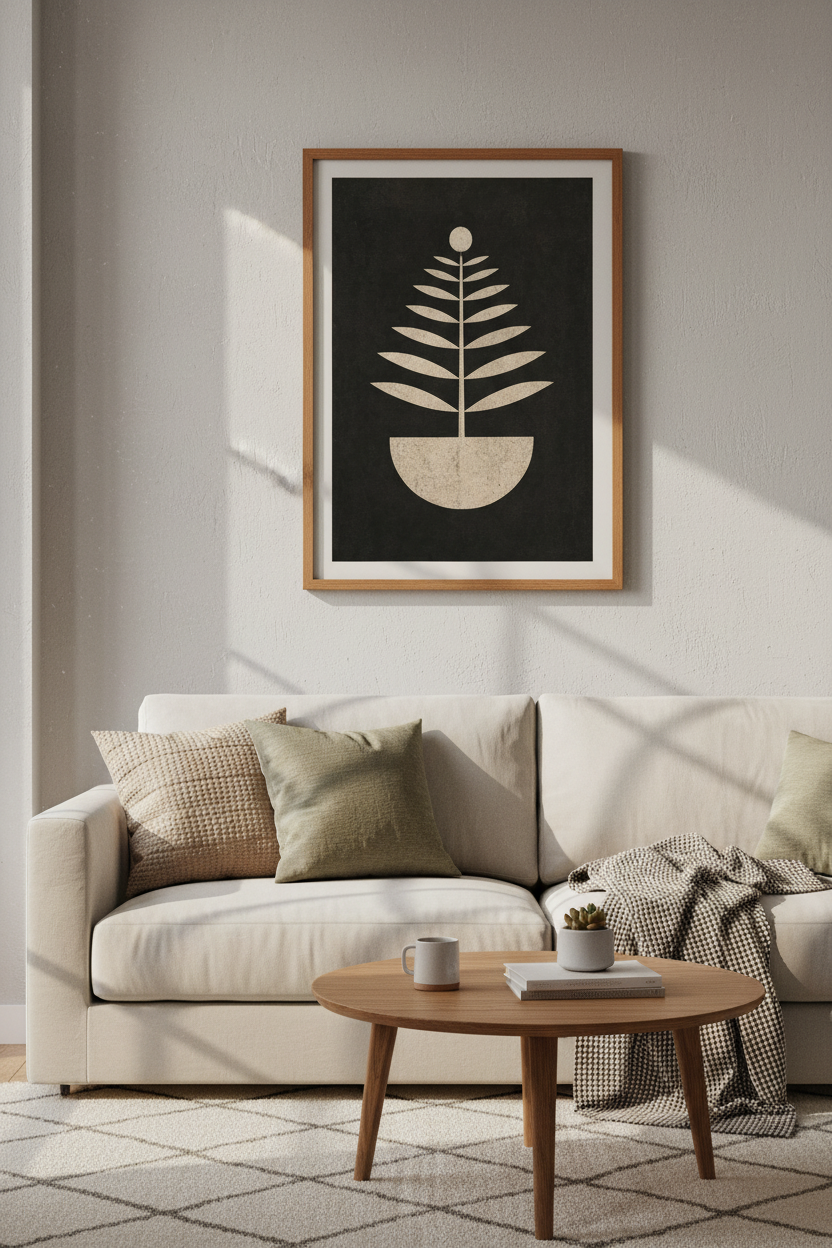 Minimalist Botanical Leaf Art | Black and Beige Japandi Print, Modern Living Room Poster