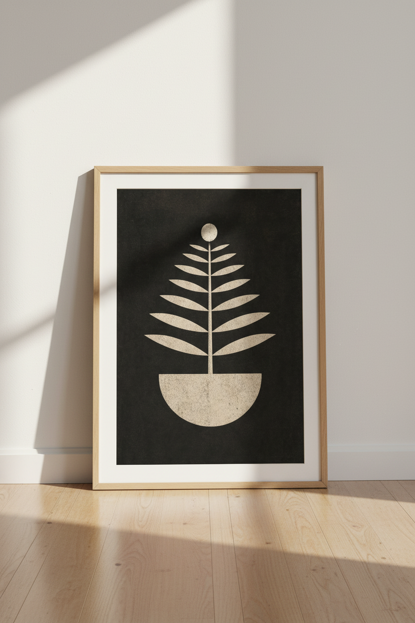 Minimalist Botanical Leaf Art | Black and Beige Japandi Print, Modern Living Room Poster